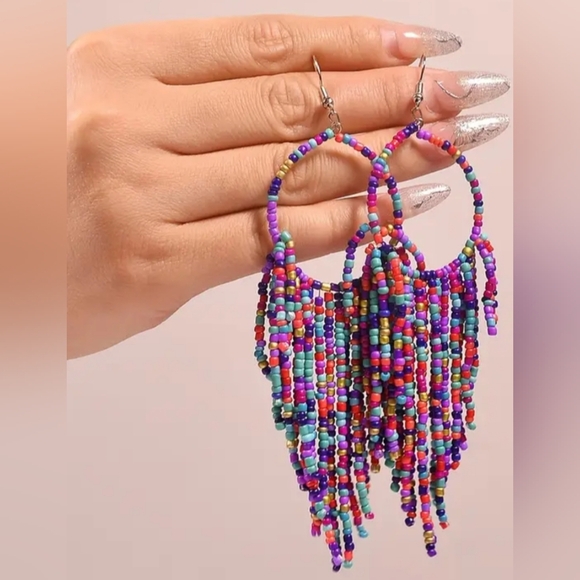 2/$40 NEW Western Hippie Barbiecore Colorful Beaded Hoop Earrings-(#0108) - Picture 2 of 4